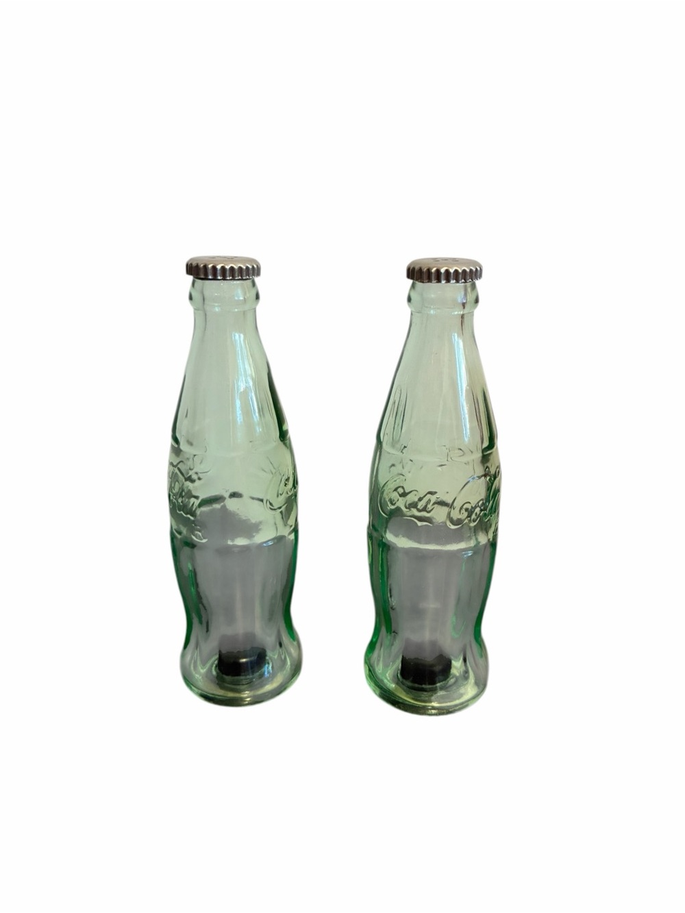 Vintage Coca Cola Embossed Green Glass Bottle Salt & Pepper Shakers